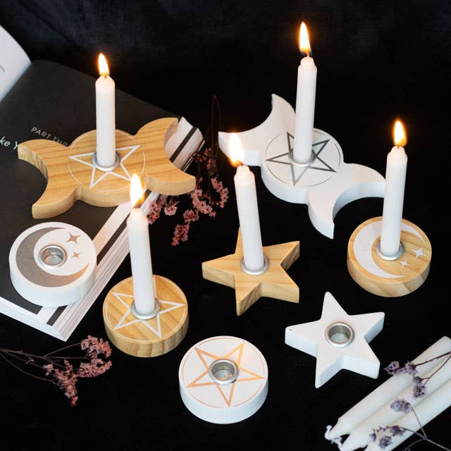 Natural Wooden Mystical Moon Spell Candle Holder