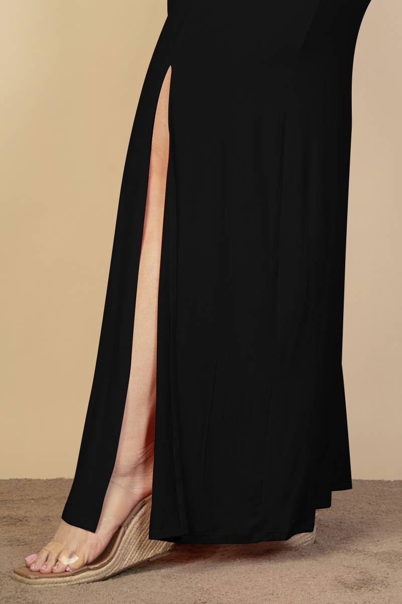 Plunge Neck Thigh Split Maxi Dress