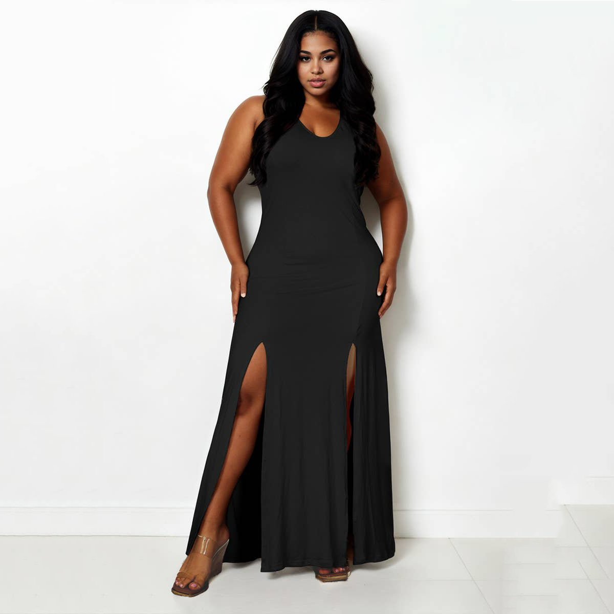 Plunge Neck Thigh Split Maxi Dress S Plunge Neck Thigh Split Maxi Dress S