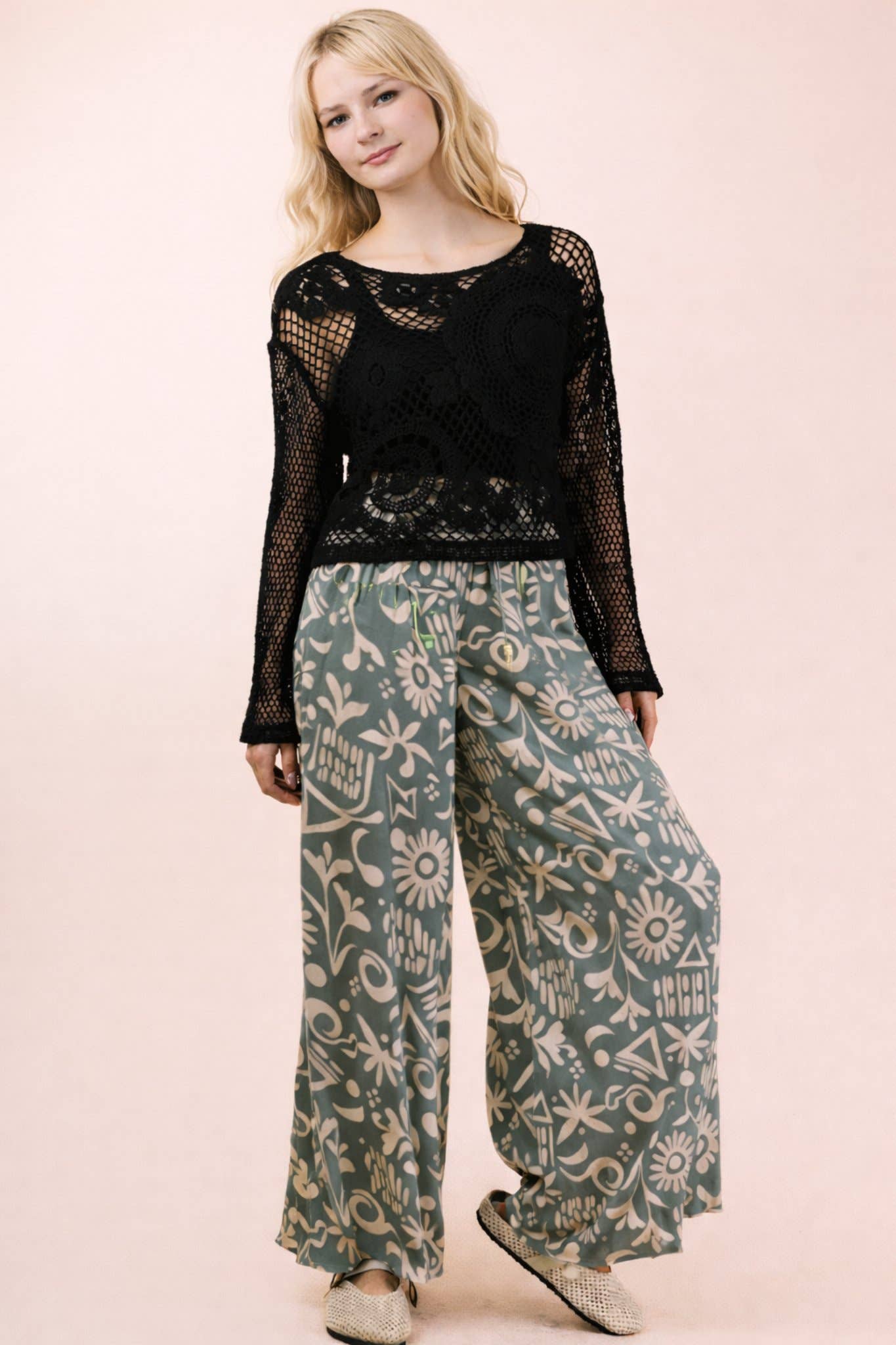 NP70715-Printed Wide Leg Long Pants