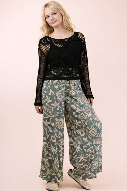 NP70715-Printed Wide Leg Long Pants