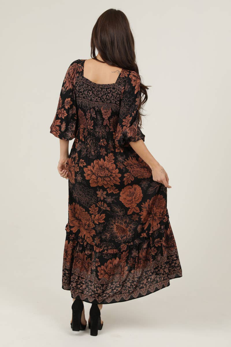 Autumn Flowers Side Slit Maxi Dress