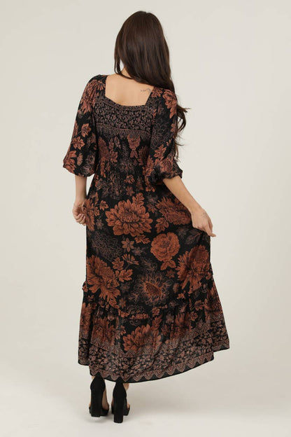 Autumn Flowers Side Slit Maxi Dress