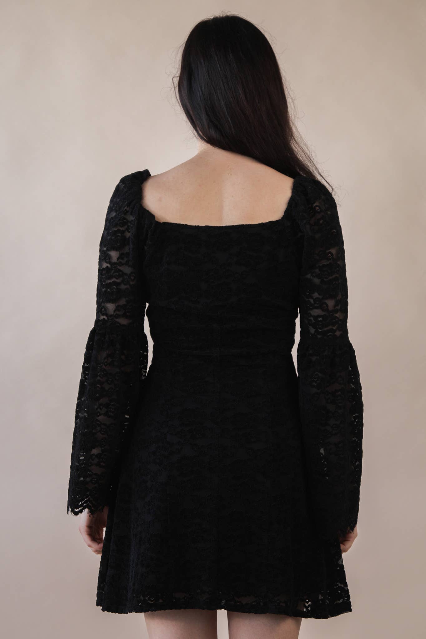 Textured Lace Bell Sleeve Mini Dress