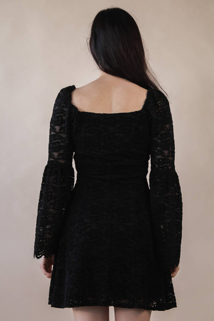Textured Lace Bell Sleeve Mini Dress