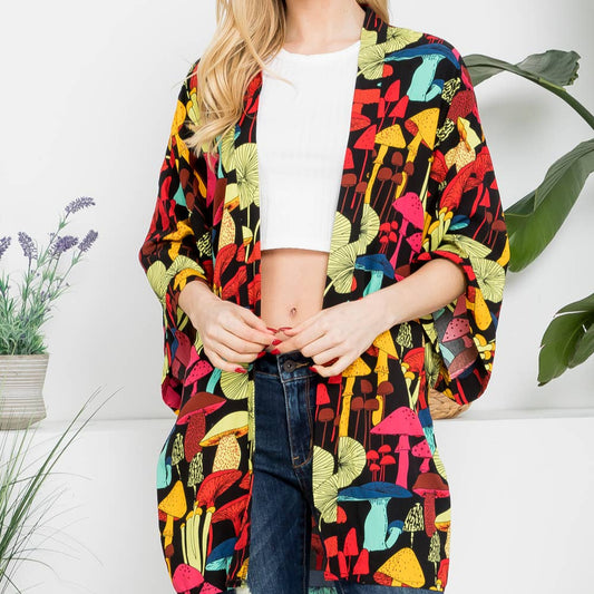 Whimsical Mushroom Print Kimono