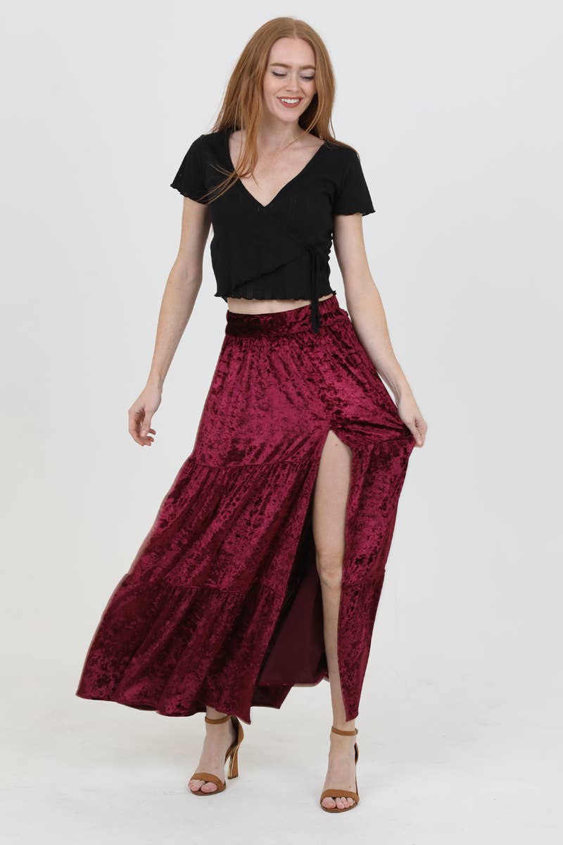 Crushed Velvet Slit Maxi Skirt