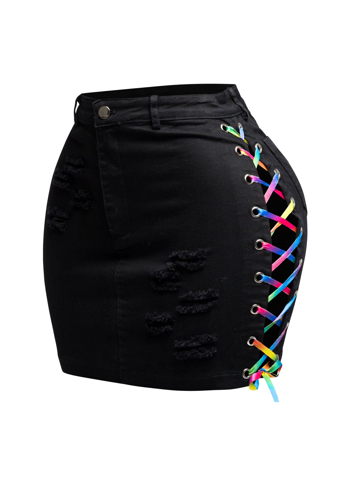 Distressed Denim Skirt With Rainbow Lace Up