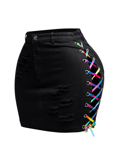 Distressed Denim Skirt With Rainbow Lace Up