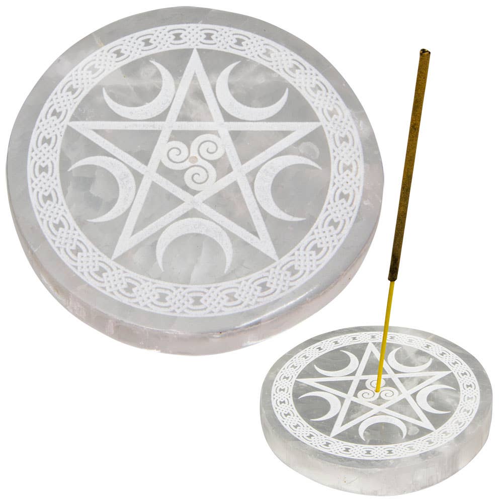 Selenite Incense Holder Round w/ Pentacle