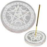 Selenite Incense Holder Round w/ Pentacle