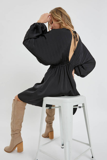 Satin V Neck Pleated Dress