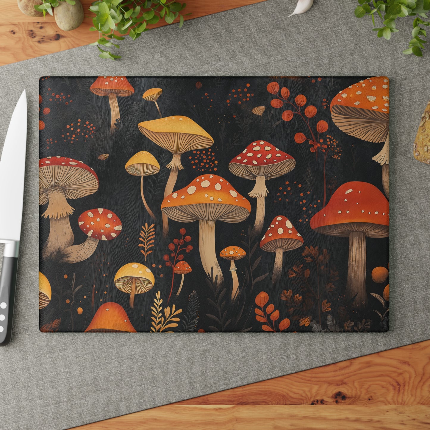 Mushrooms Glass Cutting Board