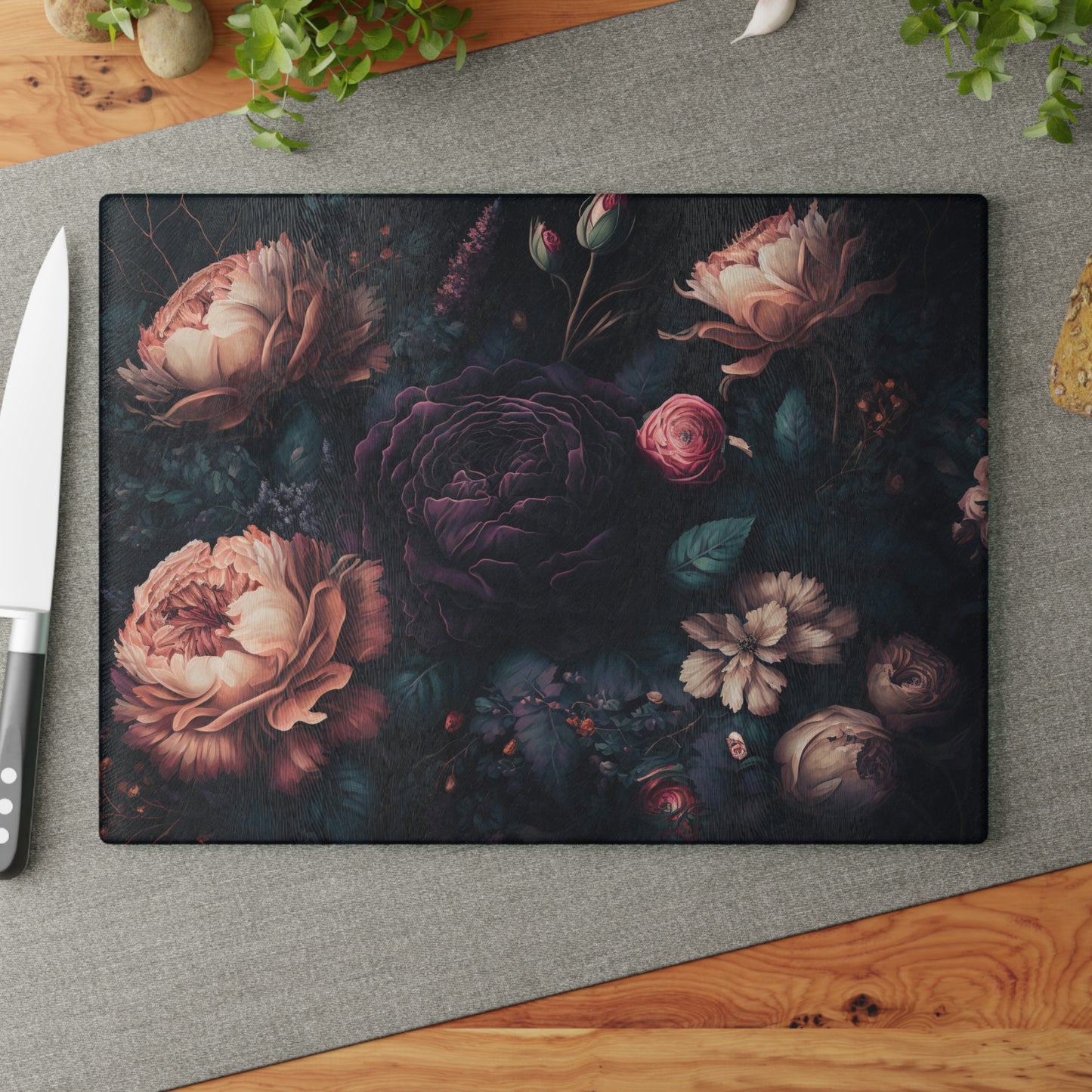 Dark Floral Glass Cutting Board