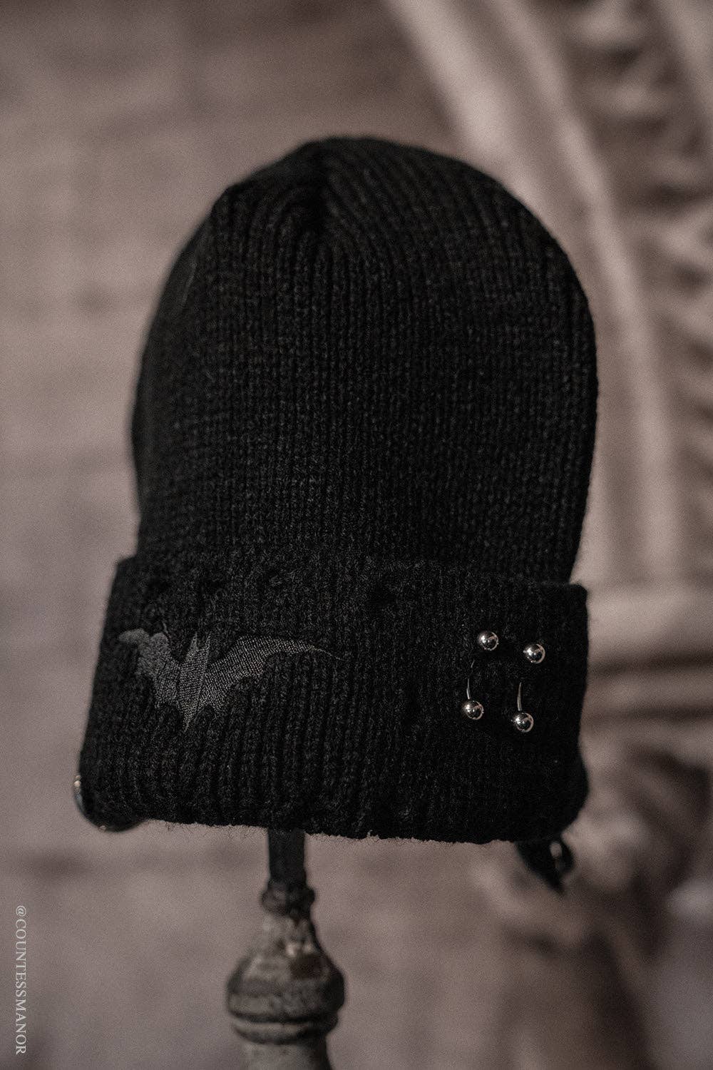 Distressed Black Bat Pierced Beanie