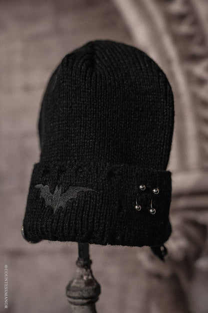 Distressed Black Bat Pierced Beanie