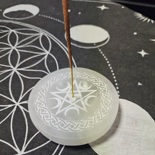 Selenite Incense Holder Round w/ Pentacle