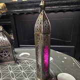 Pink & Clear Glass & Metal Tower Lantern