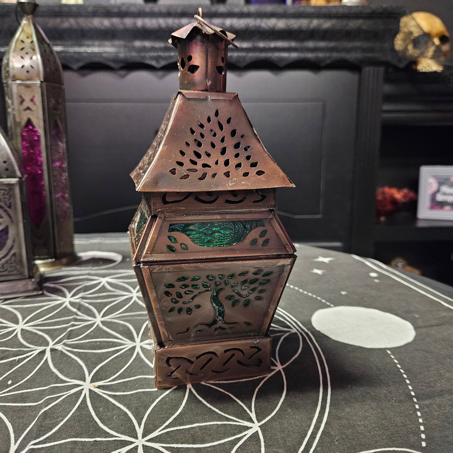 Tree of Life Green Glass & Metal Lantern