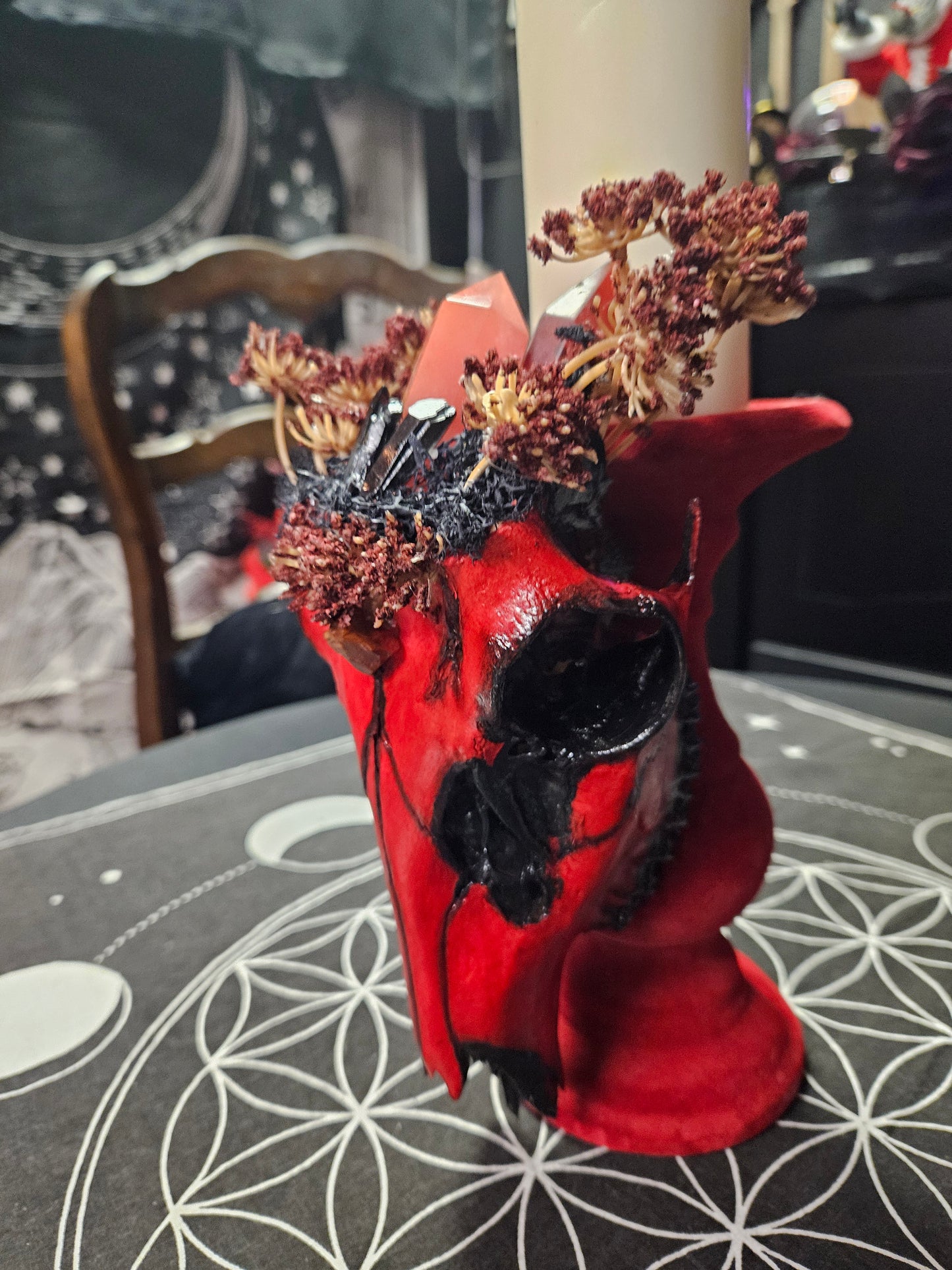 Red Skull & Crystal Pillar Candle holder