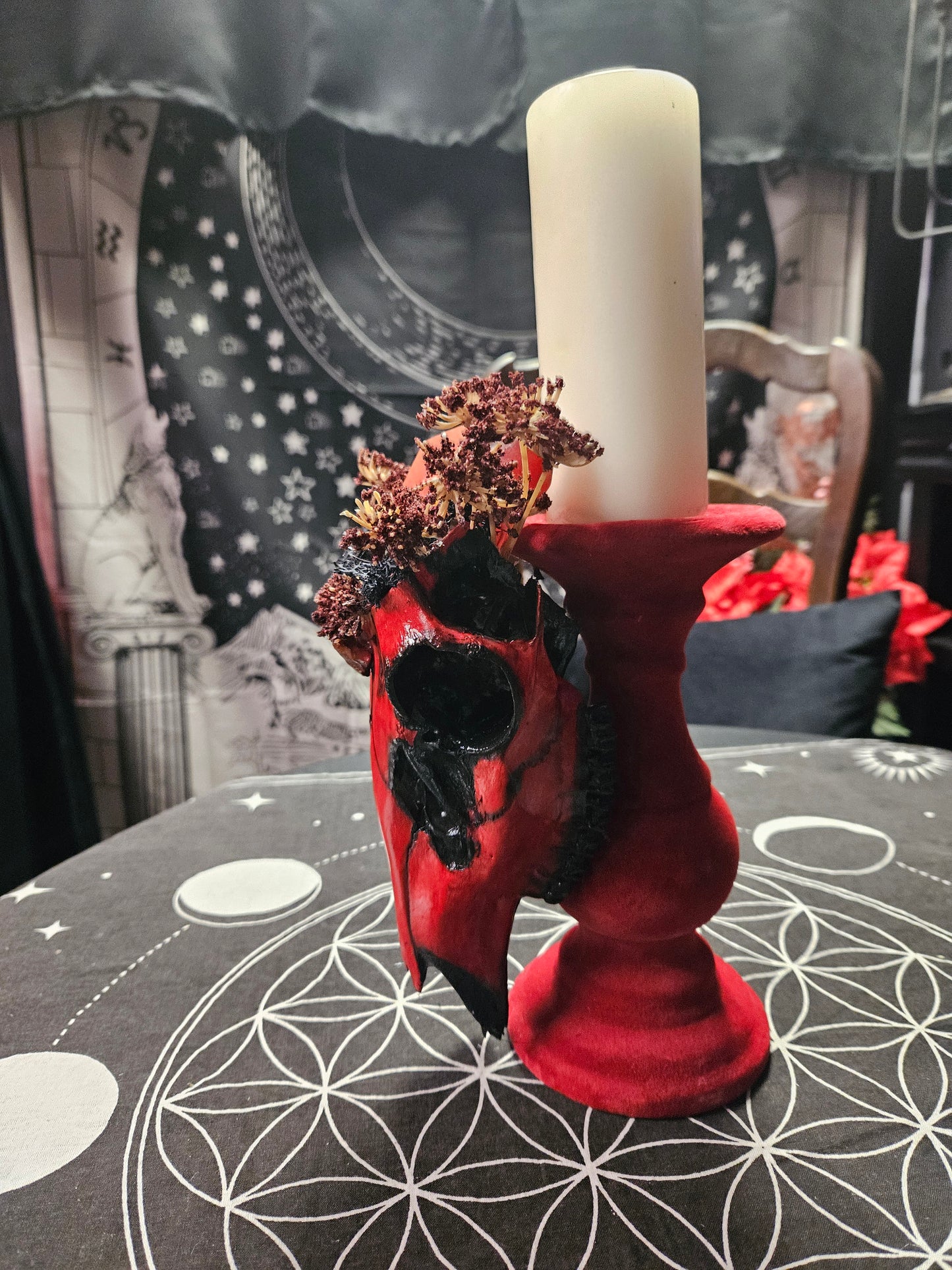 Red Skull & Crystal Pillar Candle holder