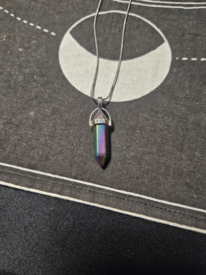 Rainbow Hematite Crystal Point Silver Necklace