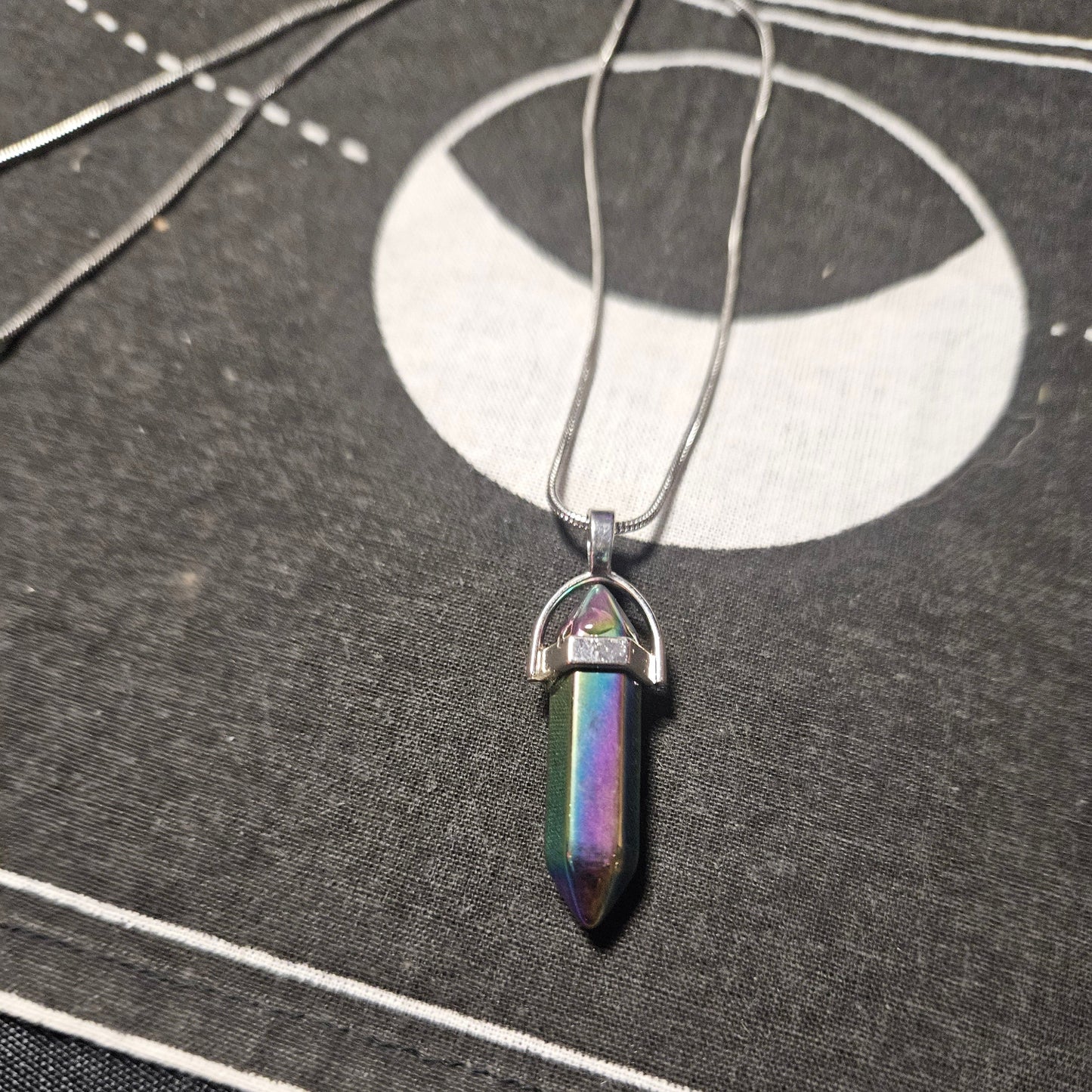 Rainbow Hematite Crystal Point Silver Necklace