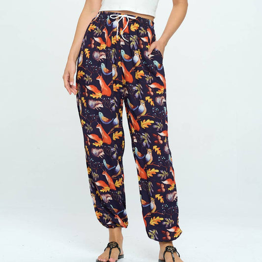 Woodland Animal Print Pant With Drawstring and Pocket