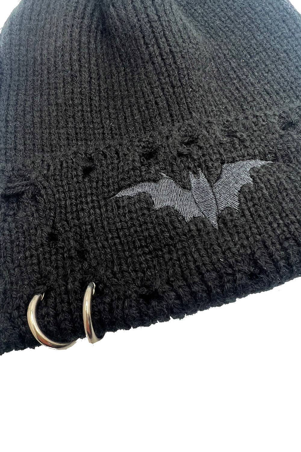 Distressed Black Bat Pierced Beanie