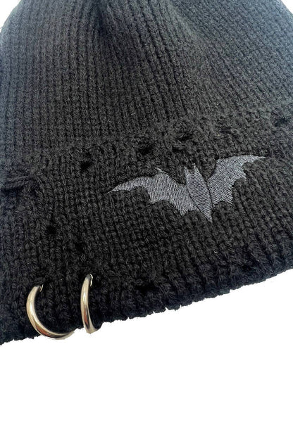 Distressed Black Bat Pierced Beanie