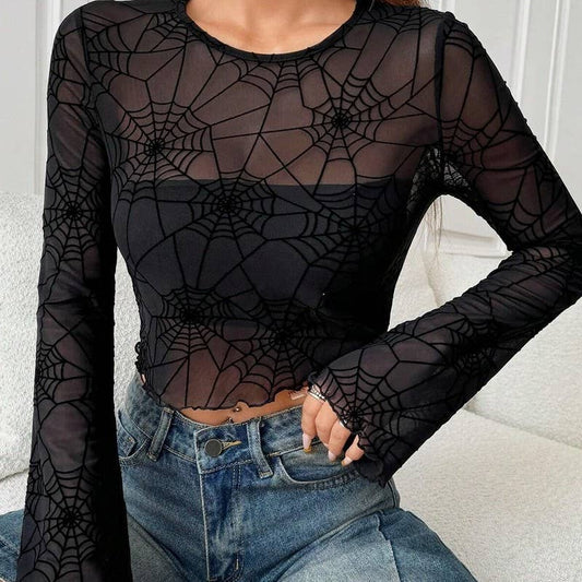 Spider Web Mesh Crop Long Sleeve Top