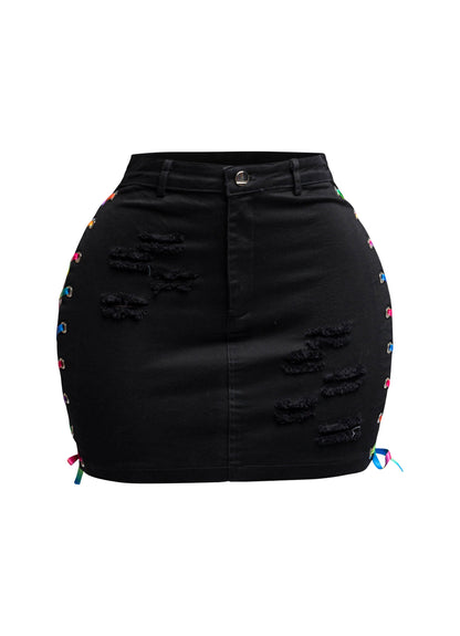 Distressed Denim Skirt With Rainbow Lace Up