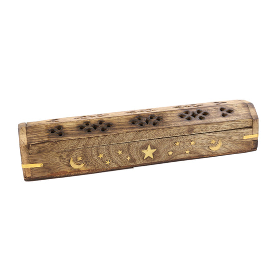 Moon & Stars Hand Carved Wooden Incense Burner Box