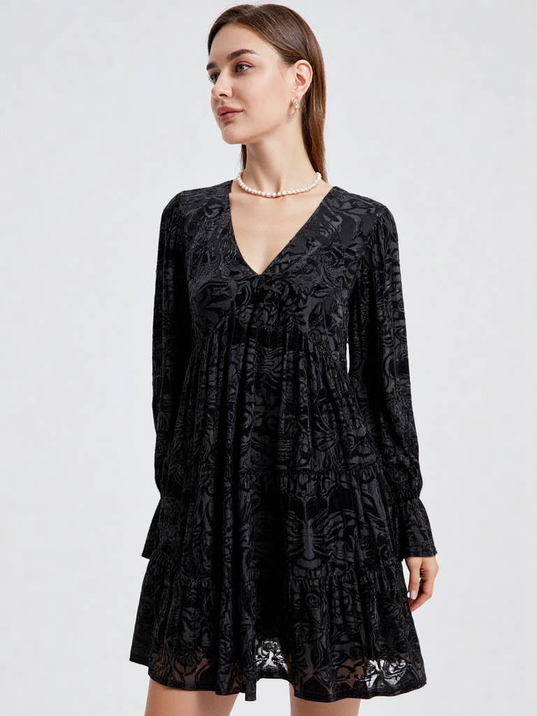 Deep V-neck Jacquard Velvet Mini Dress