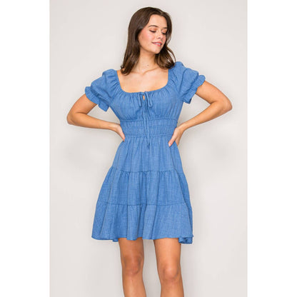 Short Sleeve Peasant 3 Tier Mini Dress