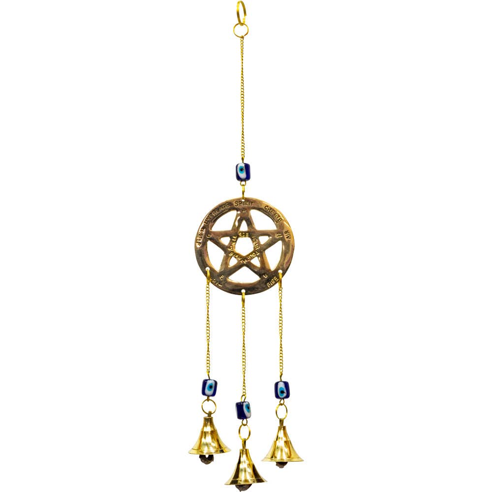 Pentacle w/ Evil Eye Beads  Brass Bell Chime
