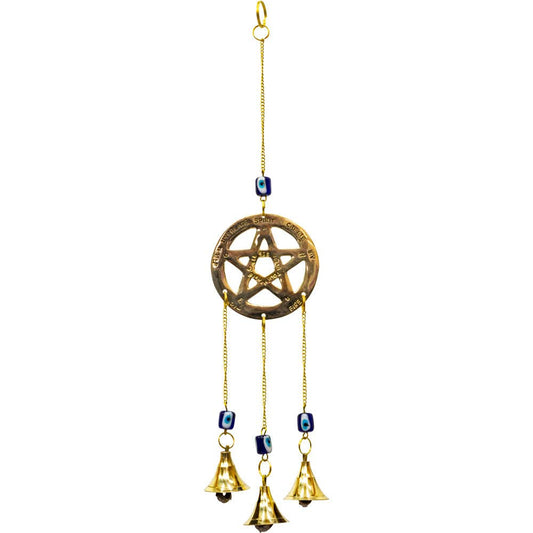 Pentacle w/ Evil Eye Beads  Brass Bell Chime