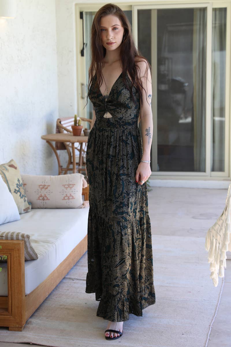 Metallic Burnout V Neck Twist Front Maxi Dress