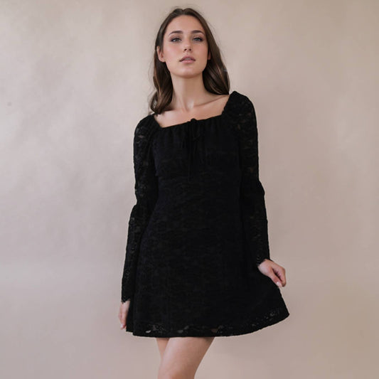 Textured Lace Bell Sleeve Mini Dress