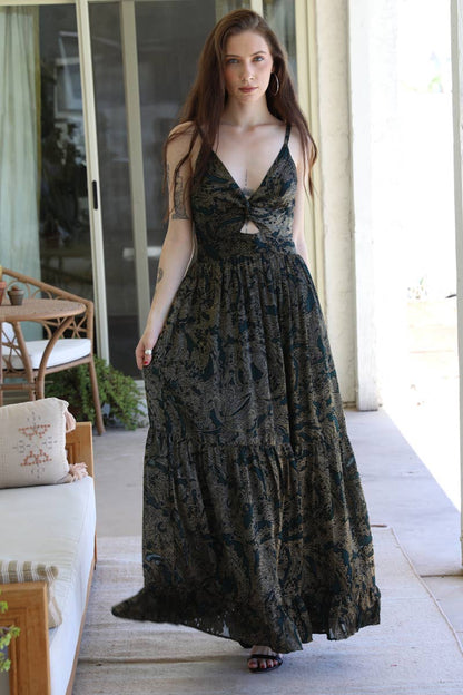 Metallic Burnout V Neck Twist Front Maxi Dress