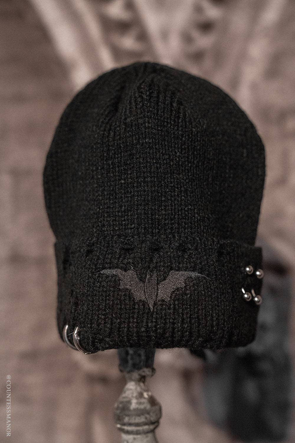 Distressed Black Bat Pierced Beanie