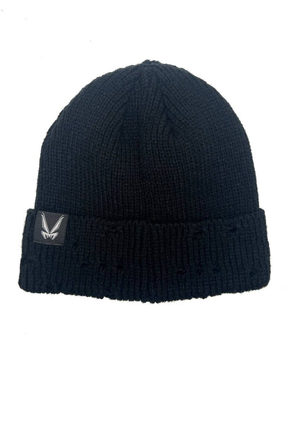 Distressed Black Bat Pierced Beanie