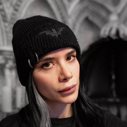 Distressed Black Bat Pierced Beanie