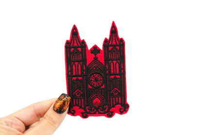 Gothic Cathedral Red and Black Embroidered Iron on Patch