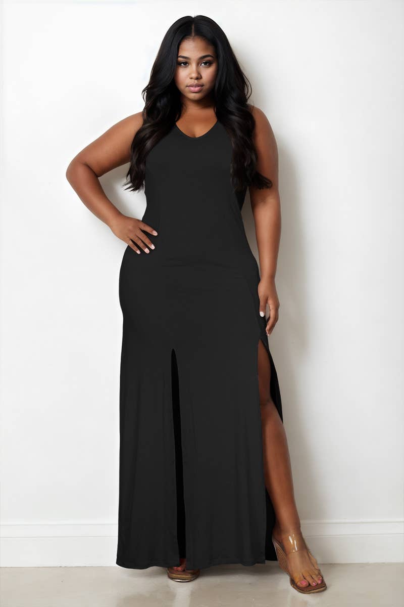 Plunge Neck Thigh Split Maxi Dress - Plus