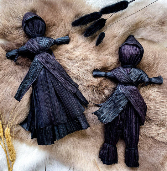 Corn Husk Doll / Folk Poppet with Smock and Hood - Black