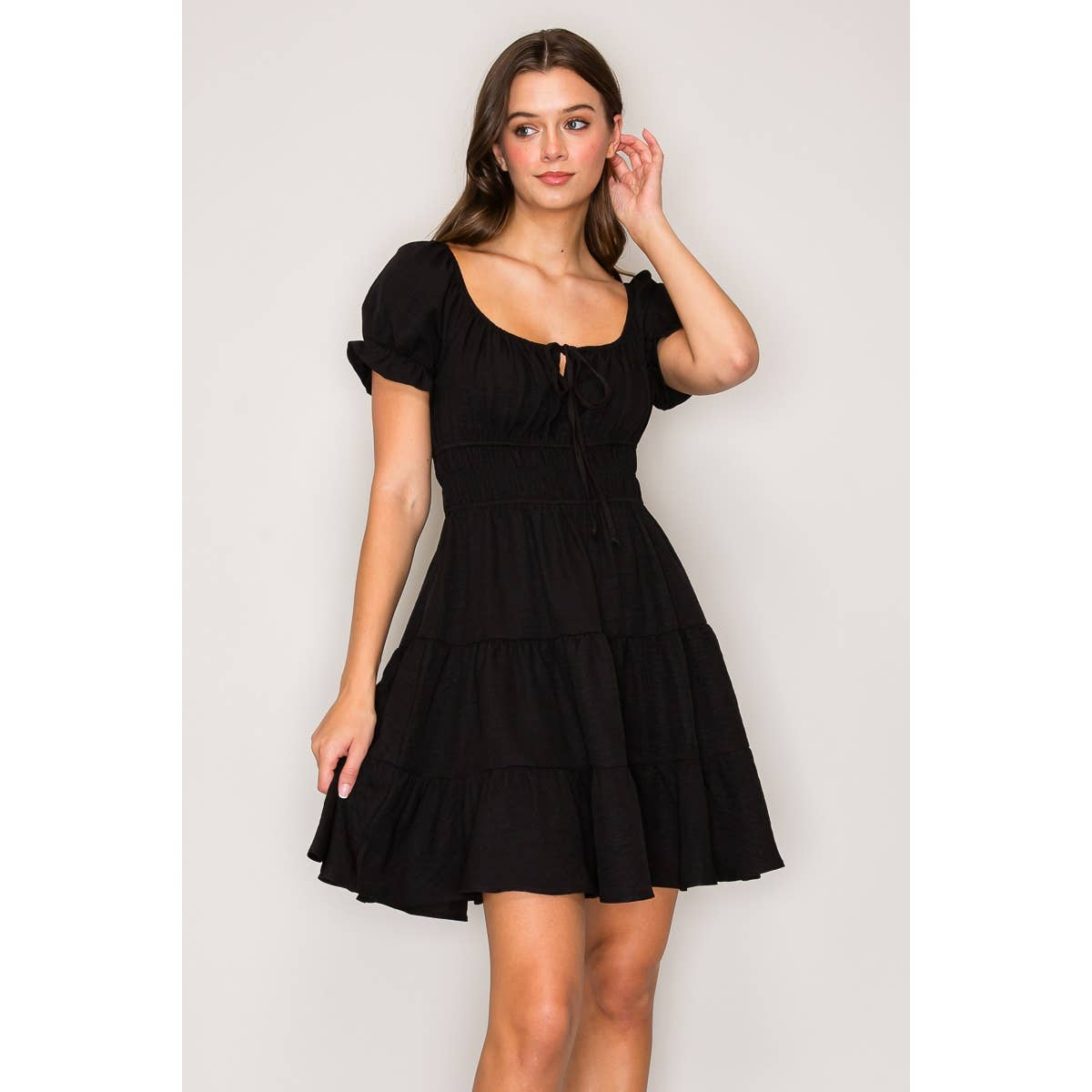 Short Sleeve Peasant 3 Tier Mini Dress