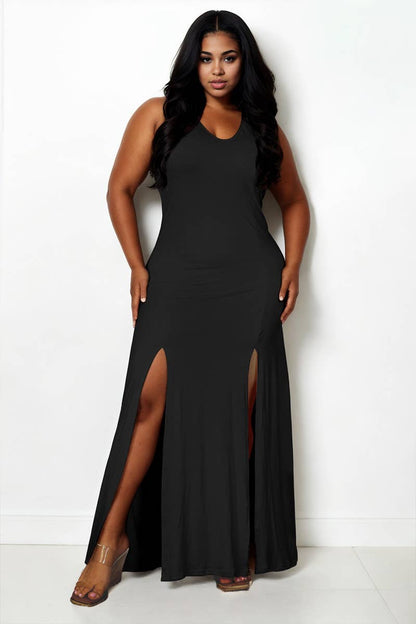 Plunge Neck Thigh Split Maxi Dress - Plus