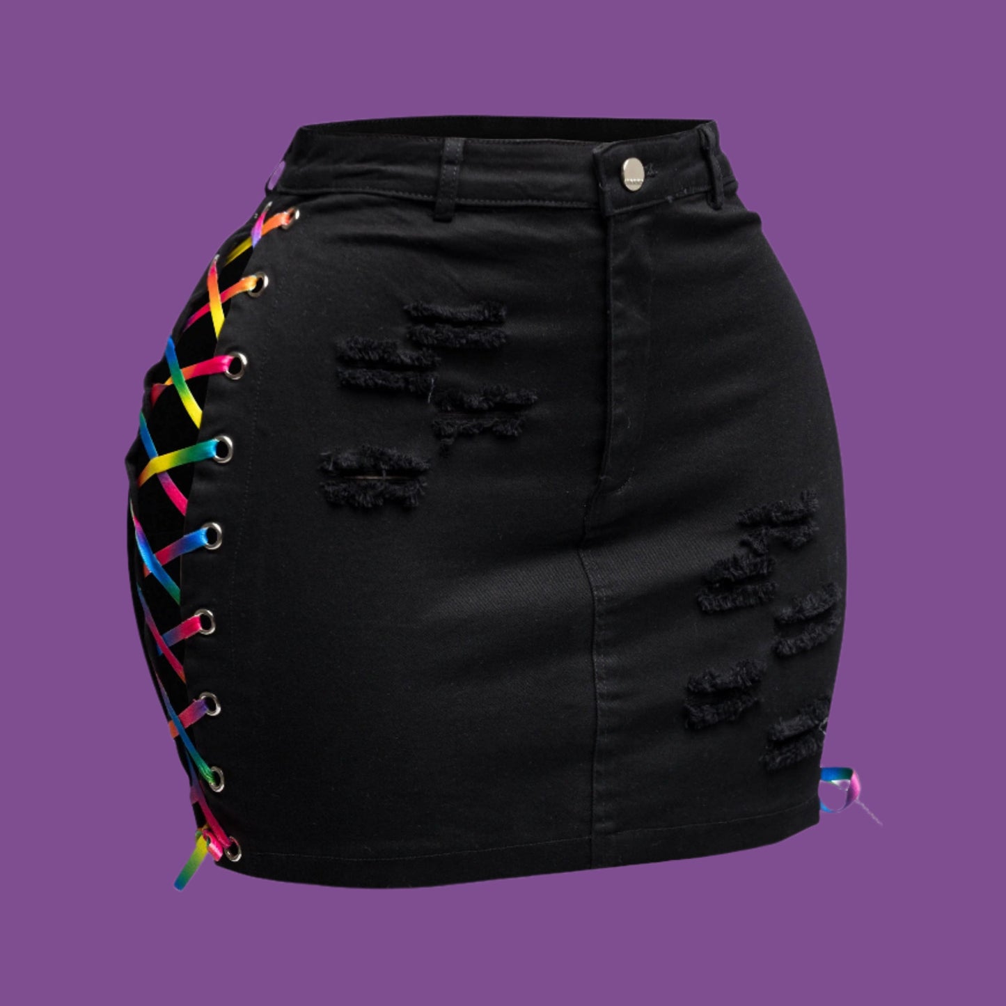 Distressed Denim Skirt With Rainbow Lace Up