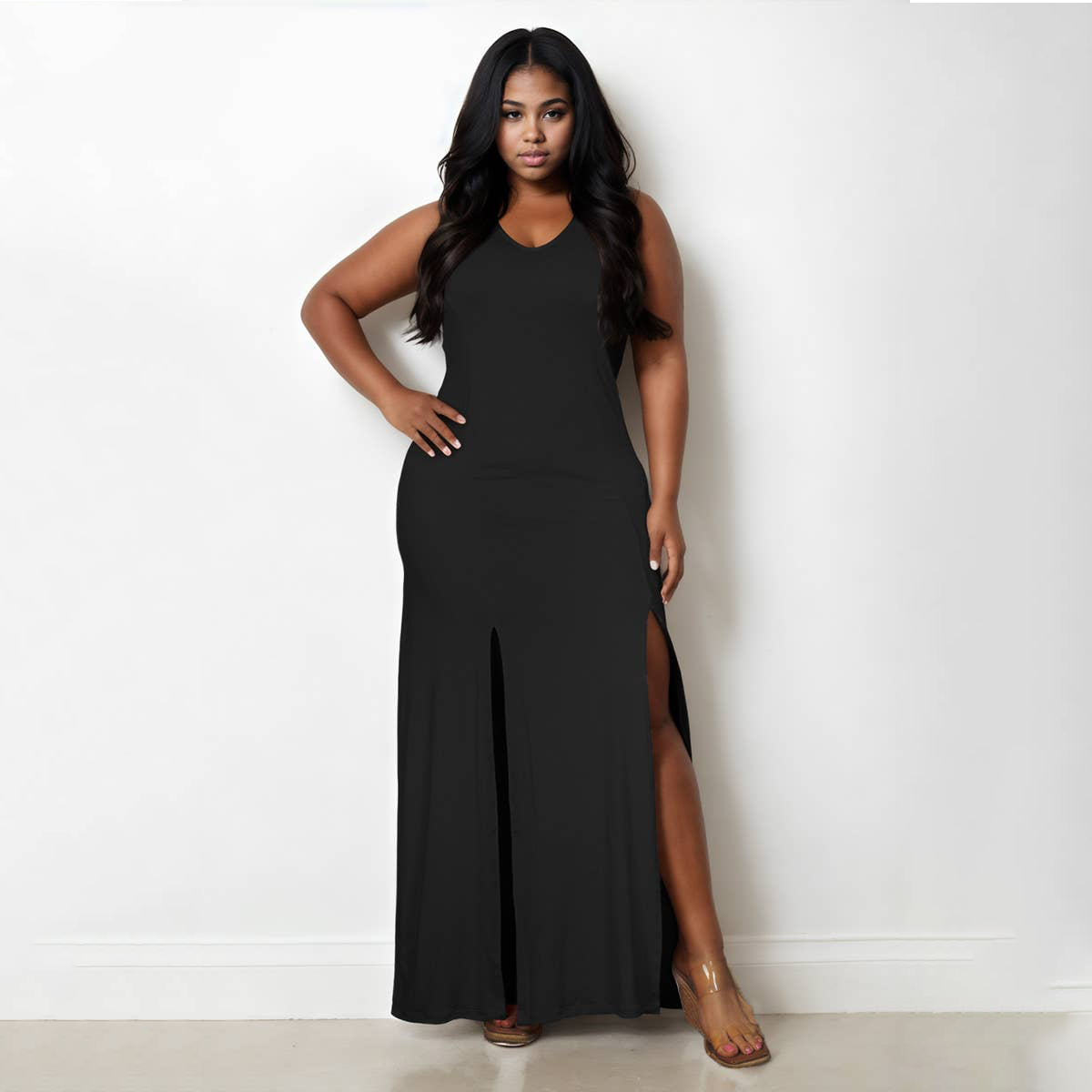 Plunge Neck Thigh Split Maxi Dress - Plus